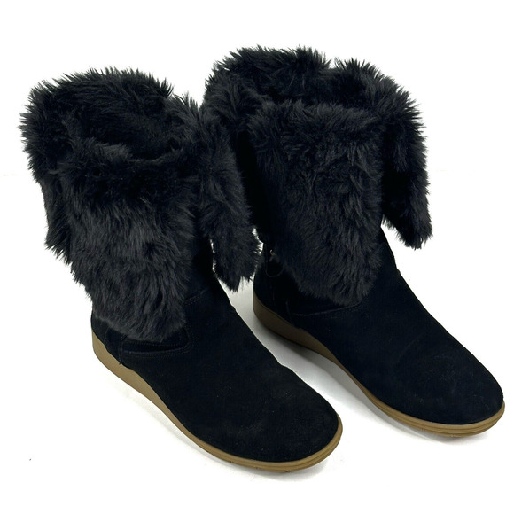 LANDS' END Mendota Black Suede Faux Fur Snow Boots Womens Size 7B Pull-On 420483 - Picture 1 of 11